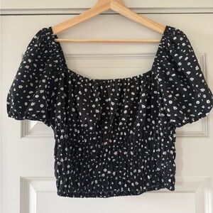 Elodie Daisy Print Black Smocked Puff Sleeve Blouse